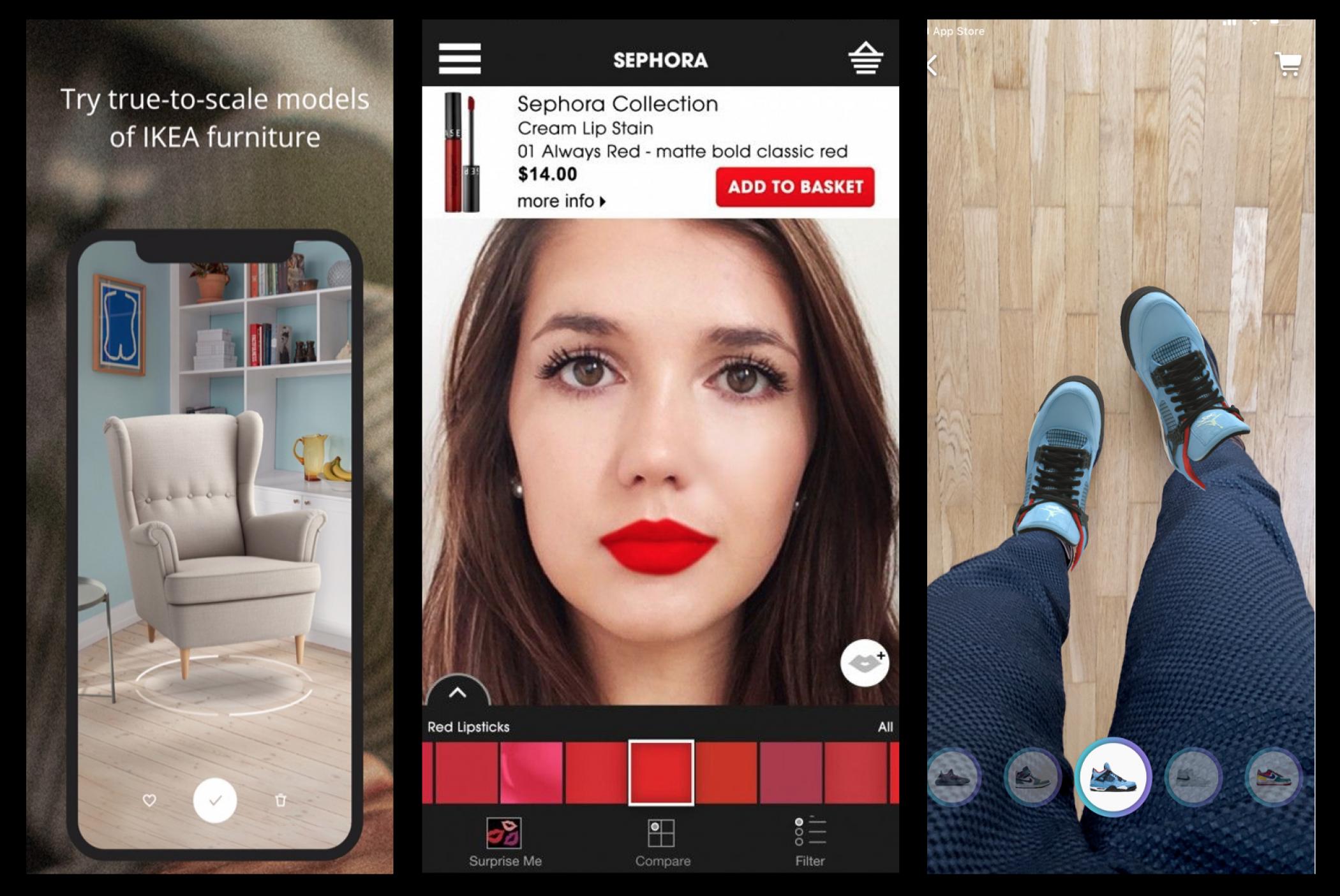 Screenshots of Ikea, Sephora and Nike Augmented Reality (AR) in app try-on experiences