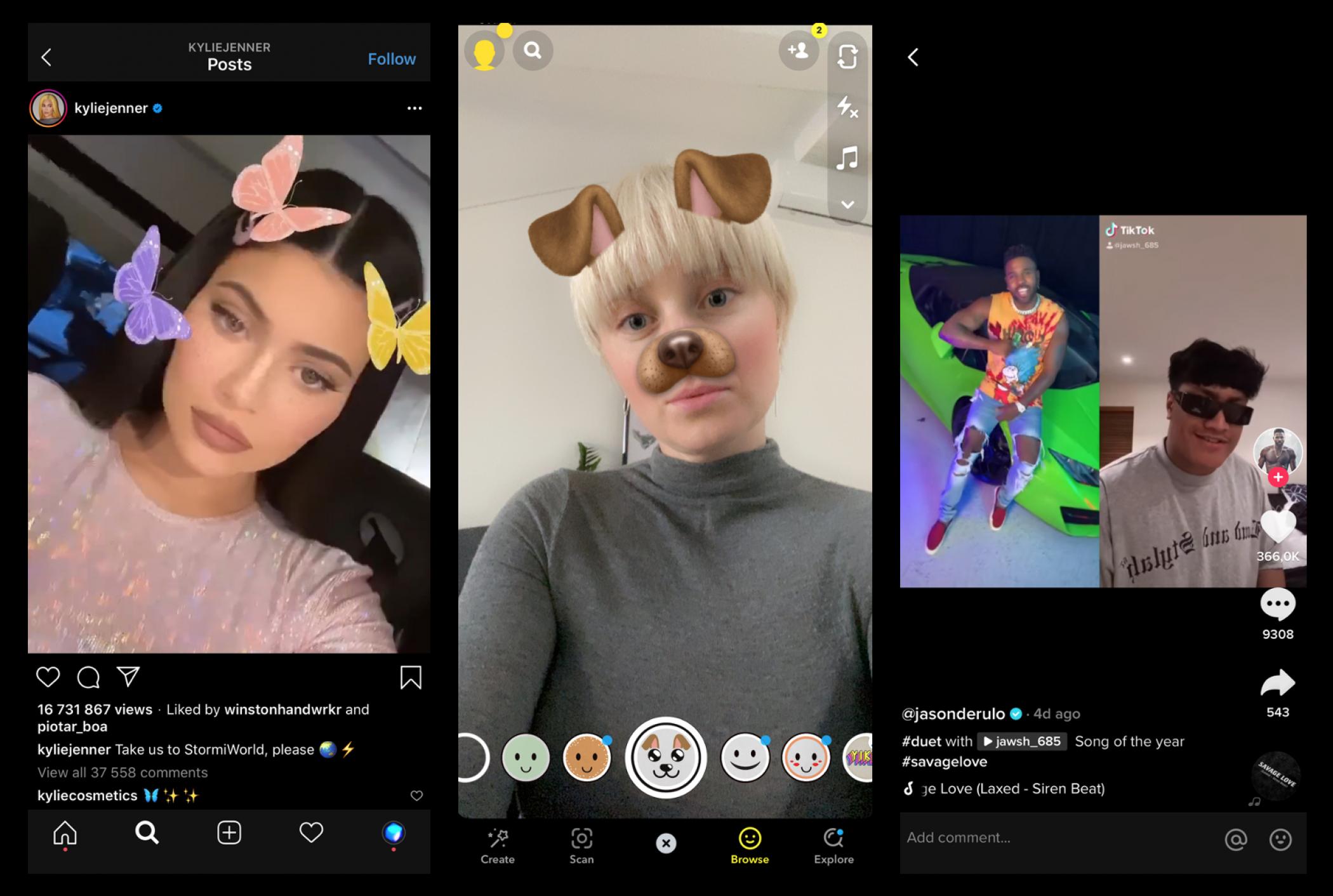 A screenshot of Kylie Jenner, Jason Derulo, and a female model using Augmented Reality (AR) filet Instagram effects
